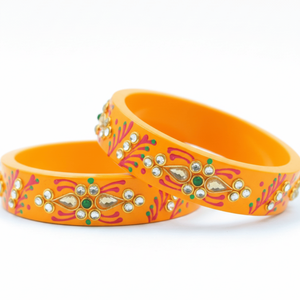 กำไลข้อมือแบบ Kundan สีส้ม ของสะสมทางวัฒนธรรม เครื่องประดับอินเดียแบบดั้งเดิม - Product Image 2
