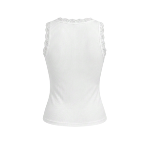 Débardeur Femme Blanc Côtelé en Dentelle Col V Coupe Ajustée Extensible Camisole Sans Manches Décontracté Été Tricoté Respirant Séchage Rapide Logo au Dos - Product Image 2