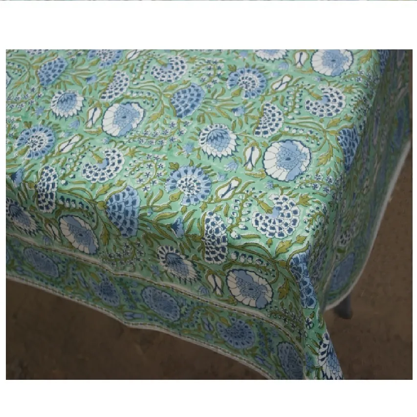 Green Floral Indian Cotton Canvas Hand Block Printed Table Cloth 6 seater and 8 seater