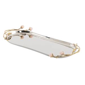 Plateau de service ovale en feuille d'or luxueux, best-seller, avec accents de quartz rose, plateau de service en métal décoratif vintage en vente - Product Image 1