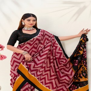 Sari en soie Tussar imprimé VASTRA COTTAGE pour femmes, tissages en zigzag avec blouse en soie Tasar non cousue, tenue de fête élégante, vente en gros - Product Image 4
