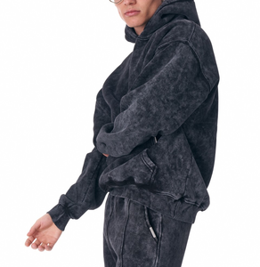 Custom Logo Knitted Breathable <b>Oversized</b> Heavyweight Acid Wash Polyester/Cotton 350g Hoodie <b>Jogger</b> Set Autumn Winter Men - Product Image 4