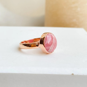 925 Sterling Silver Unique Wedding Party <b>Statement</b> <b>Ring</b> Trendy Christian 10x10mm Pink Rhodochrosite 18k Gold Plated Natural - Product Image 2
