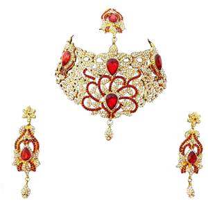 Vintage Trendy <b>Crystal</b> Rhinestone Handmade Jewelry Red <b>Necklace</b> Earrings Maang Tikka Set Designed for Wedding Occasions and Gift - Product Image 3