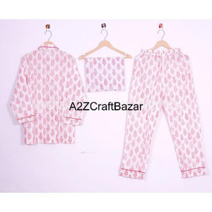 Ensemble pyjama en coton indien pour femmes, taille élastique, respirant, imprimé floral, manches longues, vêtements de nuit d'été, tricoté, hiver - Product Image 4