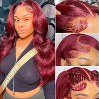 Peluca frontal de encaje HD 13x4, color 99J Borgoña, de cabello humano virgen transparente, densidad del 150%, peluca roja, venta al por mayor para proveedores.