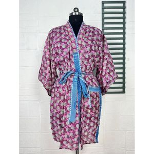 Chaqueta Abierta de Verano Estilo Boho Vintage, de Algodón Puro Reciclado, con Estampado Floral Tie-Dye, Túnica Tejida para Casa o Playa en Morado y Azul - Product Image 1