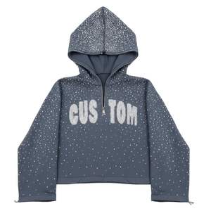 Sweat-shirt court à capuche zippé unisexe vert personnalisé avec strass, streetwear, coton lourd, faible MOQ, vierge - Product Image 4