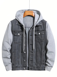 Men's Casual Long Sleeve Faux Denim Jacket Hood Single-Breasted Closure Drawstring Waterproof Windproof Front Color Block Design - Product Image 2