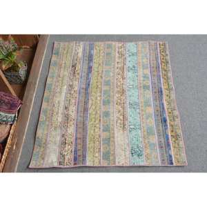 Large Area Bohemian Beige Vintage Turkish Rug 2.7 X 3.1ft Wool Latex Backing Abstract Pattern Patchwork Design for Hallway Room - Product Image 1