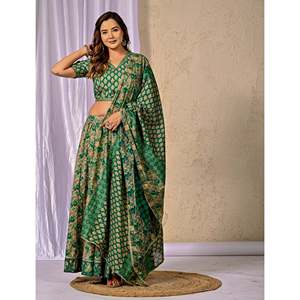 Lehenga Choli Étnico Verde Mar, Estampado en Algodón, Talla Única, Vestido Tradicional Indio para Fiestas Estilo Bollywood - Product Image 4