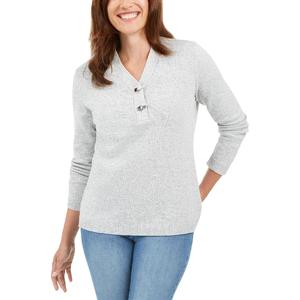 Maglione pullover da donna con scollo a V e collo Henley di Karen Scott, colore grigio, nelle taglie Petite X-Large - Product Image 1