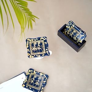 Brass Resin 4-Piece Set Handcrafted Square <b>Blue</b> Translucent Coasters <b>Table</b> <b>Mat</b> Pads - Product Image 2