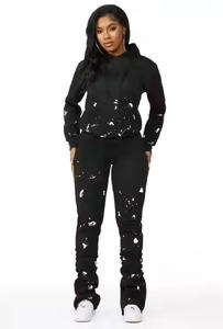 OEM personalizado de las mujeres de peso pesado de moda Jogger Suit 100% personalizado con capucha pantalones acampanados chándal con patrón sólido - Product Image 5