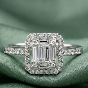 Elegant 18K Solid White Gold Baguette Diamond Ring Emerald Cut Illusion Mosaic Cluster Geometric Halo Customized Initial & Name - Product Image 2