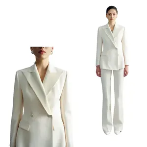 Trendy Long-sleeved AUDREY NOTCHED BLAZER With Buttons Pockets Rayon Spandex Woven Fabric Formal Women's Suits Blazers WHITEANT