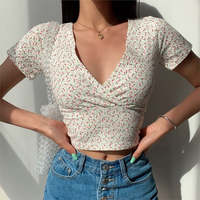 Kaos Wanita Grosir Kustom Kasual Polos Bernapas Ramah Lingkungan Cepat Kering Rajutan Model Bungkus Depan V-Neck Lengan Pendek Slim Fit Musim Panas