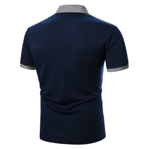 Polo à col montant de couleur bleue unie, coupe ajustée, poche à patte contrastée, style boutonné à manches courtes, t-shirts polo pour hommes - Product Image 6