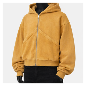 Sudadera con capucha para hombre, corta, con cremallera completa, de felpa gruesa, con lavado vintage, corte holgado, estilo streetwear, lisa, personalizable - Product Image 1