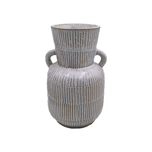 Catégorie de produit Vase en céramique blanc rustique moderne Design à rayures verticales texturées avec poignées Vase en porcelaine - Product Image 2