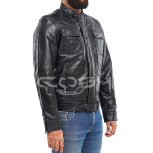 Fabricant et fournisseur de blousons en cuir noir robustes pour motards avec boucle de réglage à la ceinture et plusieurs poches - Product Image 4