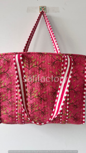 Handmade <b>Large</b> Floral Cotton Tote <b>Bag</b> Block Print Reversible Quilted Zipper and <b>Drawstring</b> Closure for Shopping or Beach Use - Product Image 3