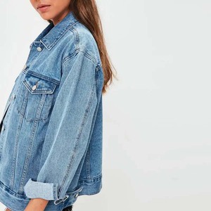 Light Blue Women's Denim <b>Trucker</b> <b>Jacket</b> Full Sleeve Turn-down Collar Button Closure Washed Cotton Spring Style - Product Image 2