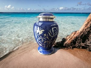 Urna Azul con Grabado de Mariposa y Rosa, Urnas de Aluminio para Cenizas Humanas, Urnas Grandes para Cenizas de Adultos, Hombres y Mujeres - Product Image 3
