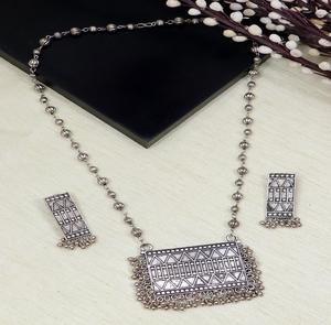 High Quality Oxidised <b>Silver</b> Square Long <b>Necklace</b> <b>Set</b> Cost-Effective <b>Silver</b> Plated Fashion Jewelry with Black Dori <b>Necklace</b> - Product Image 1