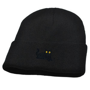 Chapeau en tricot chaud d'automne et d'hiver pour hommes et femmes, joli motif de chat noir brodé, bonnet en laine - Product Image 5
