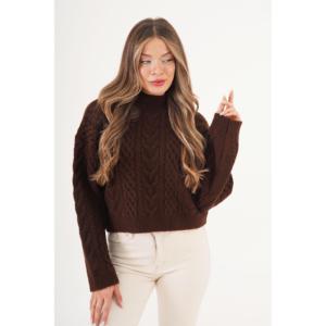 Pull-over élégant en maille spirale à motifs pour femme LUSTRIN, tricot doux et chaud marron pour l'hiver, commande en gros - Product Image 2