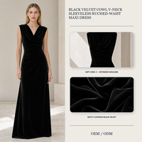 Robe longue maxi en velours noir à col bénitier sans manches avec taille froncée, fabricant de robes sur mesure OEM & ODM