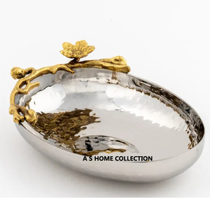 Tazón de frutas decorativo rama elegante flor pulida brillante punto martillado de acero inoxidable de forma ovalada - Product Image 1