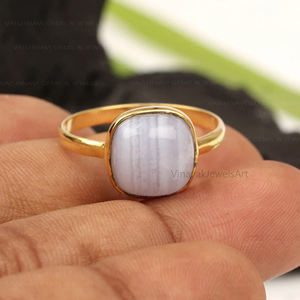 Anillo clásico de ágata de encaje azul natural para mujer 10x10mm forma de cojín Plata de Ley 925 chapado en oro de 18 quilates Eternity Vermeil - Product Image 2