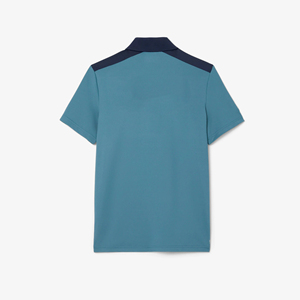 Men's Solid Color Knitted <b>Polo</b> <b>Shirt</b> Short Sleeve Breathable Casual Style <b>Blue</b> with Navy Collar and Shoulder Panels - Product Image 6