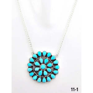 Collier en turquoise de Kingman du sud-ouest et argent sterling avec grappe de fleurs, or 18 carats, diamants et perles, style religieux classique - Product Image 2