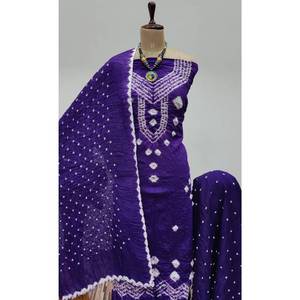 Nouveau tissu de robe formelle en satin bleu Bandhani, écologique, respirant, lavable, coupe trapèze, longueur genou, pour femmes - Product Image 1
