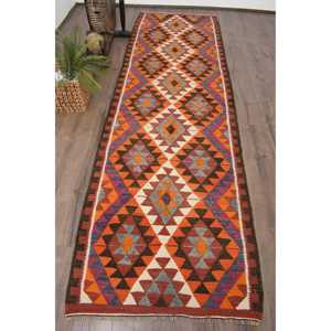 Tapis Kilim vintage 3,2x10,9 pi (99x332 cm), tapis turc orange à imprimé animal - Product Image 1