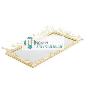 Round Shape Mirror Tray with Gold <b>Twigs</b> Designed Border Superior Quality Metal Gold Color Food Serving Tray <b>Decorative</b> Tray - Product Image 4