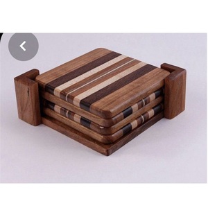 <b>Set</b> of 4 Walnut Wooden <b>Coasters</b> <b>With</b> <b>Holder</b> Round Shape for Kitchenware Dining Table Drinks Serving Mats & Pads - Product Image 4