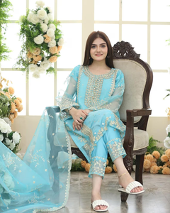 Salwar Kameez – vêtements de fête préfabriqués, Kurta droit en Organza pur avec pantalon & duapta, Kurta droit pakistan personnalisable 3 pièces - Product Image 4