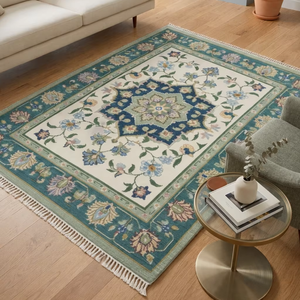 Alfombra Oushak Turca Tradicional Tejida a Mano, Ecológica, Acolchada, con Diseño Floral, para Sala de Estar, Camping, Oración - Product Image 1