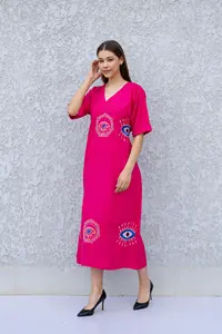 Robe longue maxi kaftan de style bohème à manches mi-longues, broderie florale longue, broderie de l'œil maléfique, rouge, pour les fêtes - Product Image 6