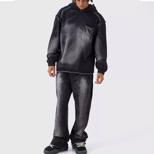 Chándal desgastado personalizado con cremallera lavada con ácido, Sudadera con capucha de algodón polar de 500 GSM y pantalones de chándal acampanados, chándal para hombre - Product Image 1