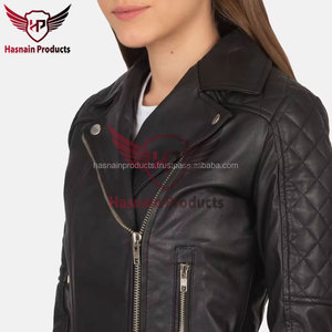 Chaqueta de cuero genuino negro para mujer, estilo motero, con cremallera asimétrica, cuello de solapa, mangas acolchadas, piel de oveja, bolsillos con cremallera, corte ajustado. - Product Image 6