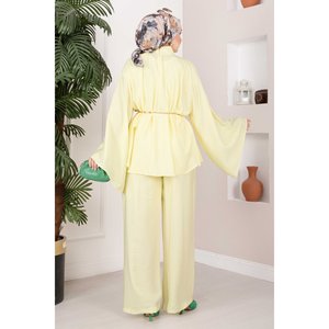 Ensemble pantalon tunique élégant et décontracté avec ceinture chaîne, en jaune tendance moderne, taille XS, pour printemps/été automne, tissu mousseline, MOQ 3 pièces - Product Image 4