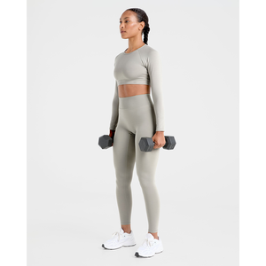 Custom Premium Washed Olive Women <b>Staple</b> Long Sleeves Crop Top 4 way Stretch Lightweight Fitness Workout Crop Top Tees for Women - Product Image 5