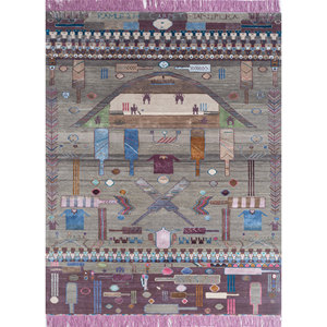 Tapis rectangulaires Manchaha abstraits noués à la main en laine et soie de bambou 9x12 pour salon ou couloir Les-8296 Gris & Noir - Product Image 1