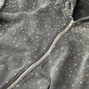 Fabricante personalizado Rhinestone Boxy Cropped Men Diamond 420gsm Heavyweight Acid Wash Zip up Hoodie - Product Image 4