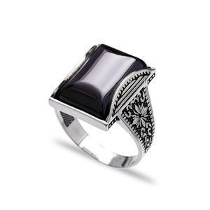 Bague en argent Sterling 925 fait à la main pour homme, bijou en forme de Triangle, en Onyx, authentique, turc, vente en gros - Product Image 1